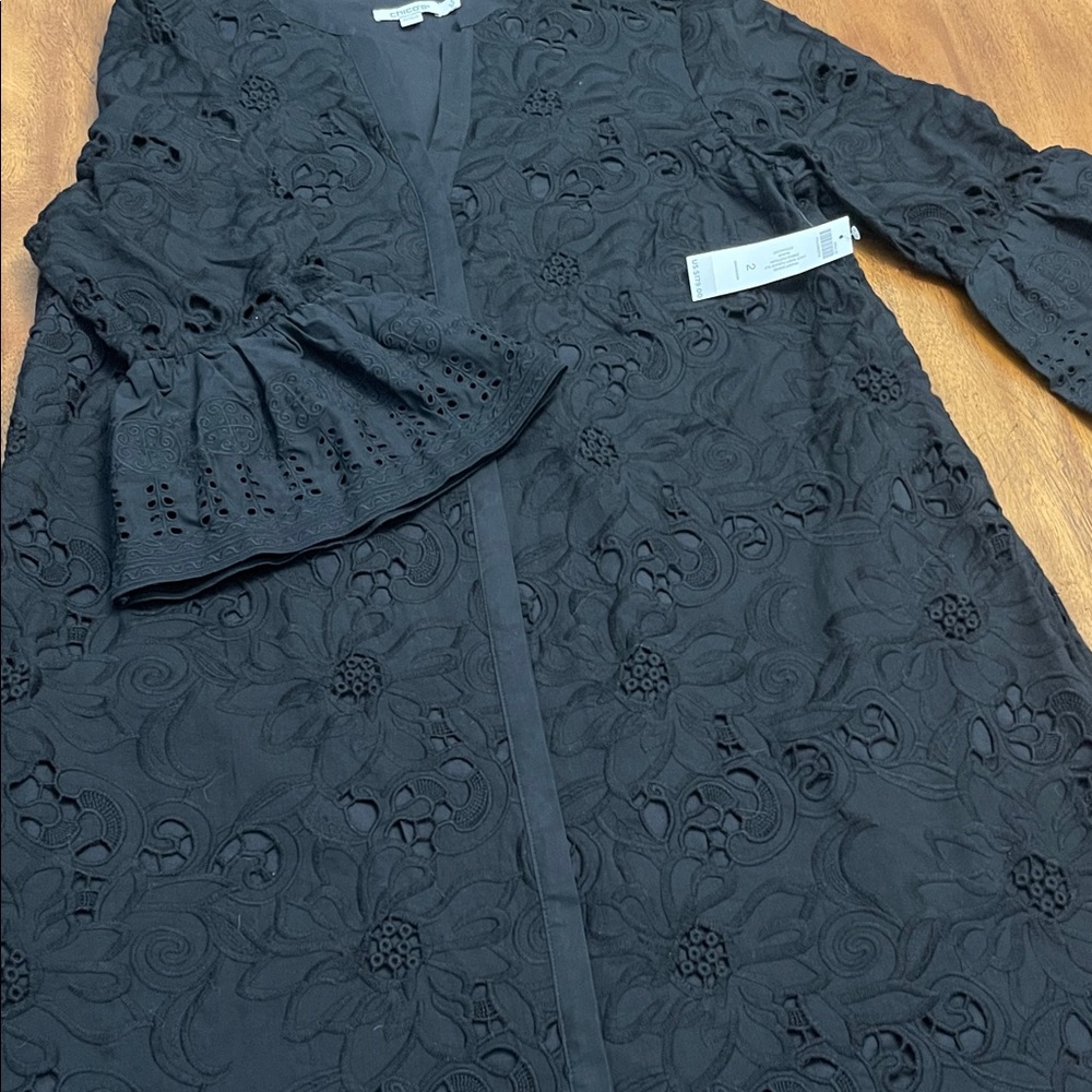 NWT Chicos Super Fun & Flirty Black Lace Flounce Sleeve Shift Dress Sz 2 Pockets